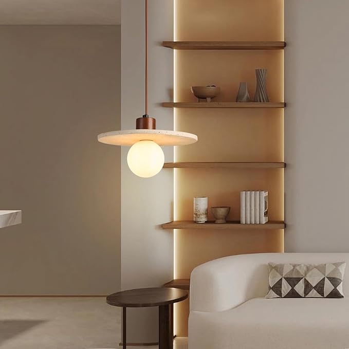Japanese Wabi sabi Pendant Light with Natural Stone Shade, Dimmable Modern Wood Hanging Lamp Fixture, Adjustable Height Pendant Lamp for Bedroom, Kitchen Island, Dining Room, Restaurant, Cafe, Bar (M)