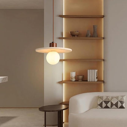 Japanese Wabi sabi Pendant Light with Natural Stone Shade, Dimmable Modern Wood Hanging Lamp Fixture, Adjustable Height Pendant Lamp for Bedroom, Kitchen Island, Dining Room, Restaurant, Cafe, Bar (M)