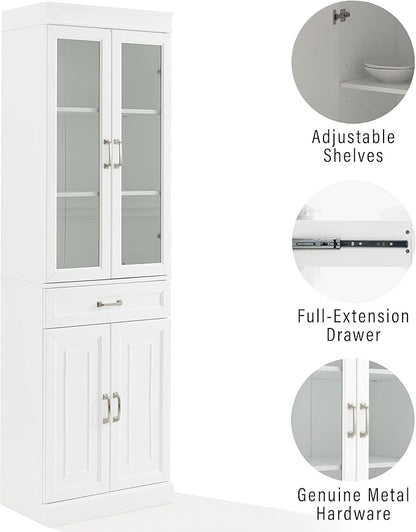 Crosley Furniture Stanton Glass Door Pantry Storage Cabinet with Shelves, Kitchen, Dining, or Laundry Room, White