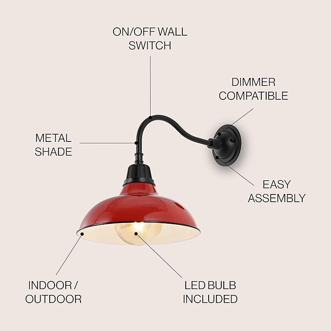 JONATHAN Y 12.25" Red/Black Farmhouse Industrial Outdoor Sconce, LED Gooseneck Wall Light for Porch, Metal Bowl Shade, Dimmable Vintage Exterior Fixture, LED Bulb Included (JYL7613E)
