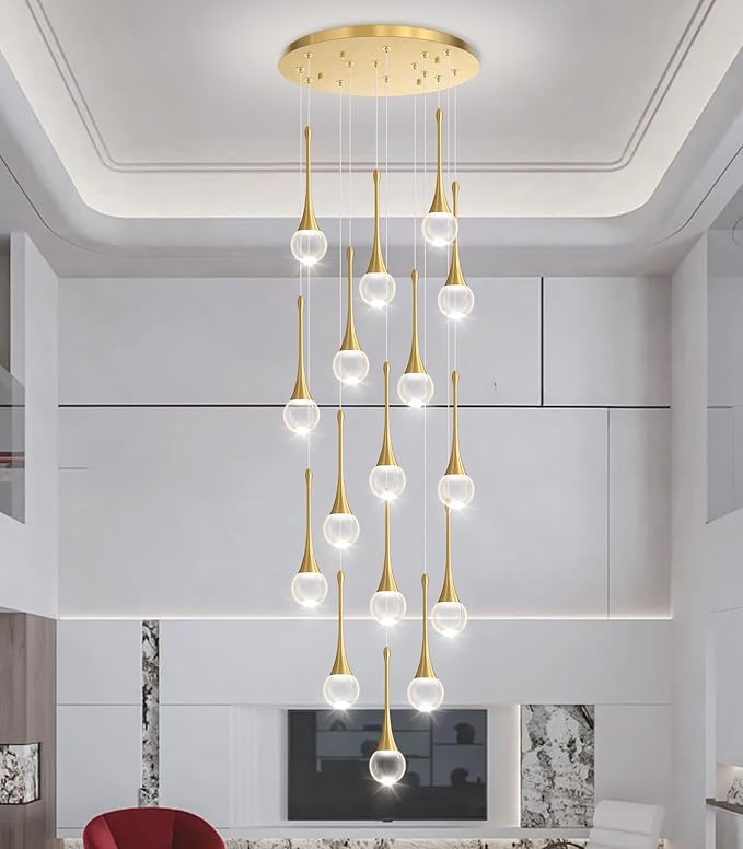 16 Light High Ceiling Crystal Chandelier Dimmable LED Pendant Lights with Remote Adjustable Chandeliers for Foyer Staircase Living Room Gold