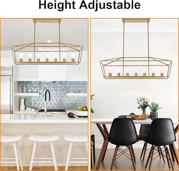 VINLUZ 5 Light Modern Kitchen Island Light in Gold Finish,Industrial Hanging Pendant Lighting Fixture with Metal Frame Linear Lantern Chandelier for Dining Room Foyer Cafe Bar