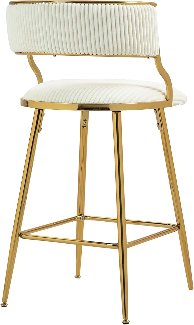 2-Pack Beige Corduroy Counter Height Bar Stools with Back, Golden Chrome Base and Footrest, Modern Kitchen Island Stools Set of 2, Upholstered Dining Stools for Home, Office, Cafe