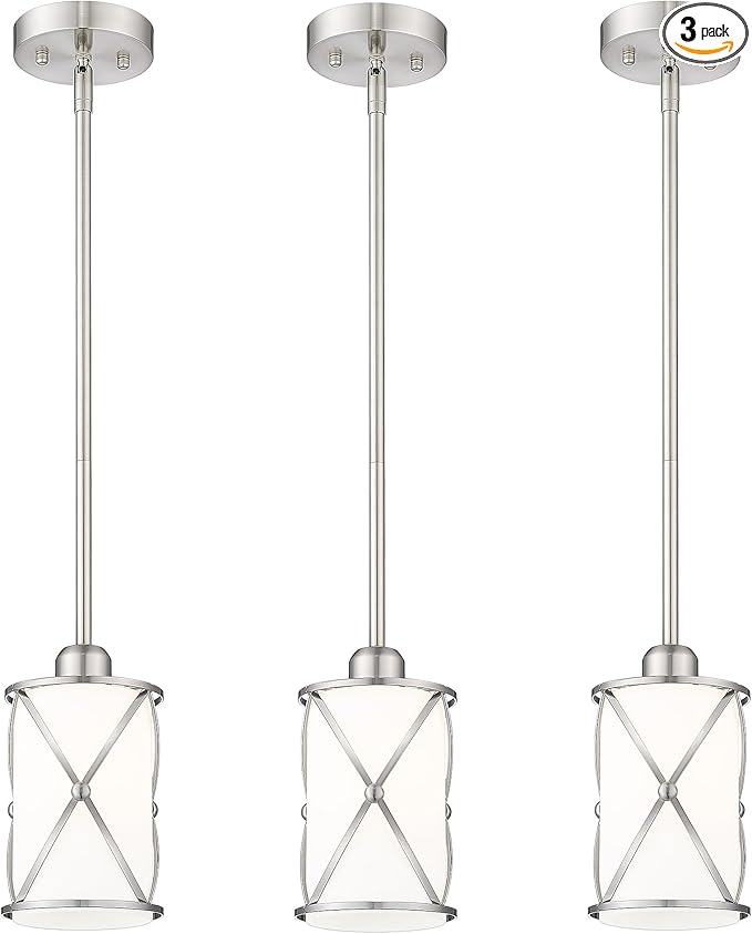 Brushed Nickel Pendant Lights Kitchen Island 3 Pack, Milk Glass Kitchen Pendant Lighting Over Island with Rods, Modern Mini Hanging Light for Sink Dining Room, CH9176BNW-3PK