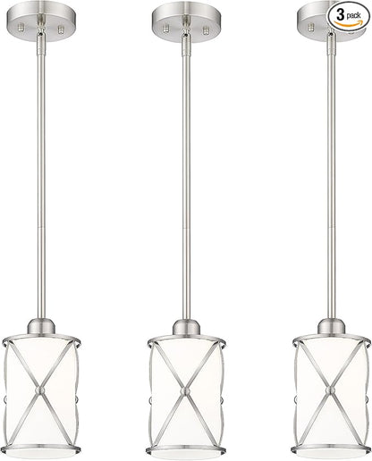 Brushed Nickel Pendant Lights Kitchen Island 3 Pack, Milk Glass Kitchen Pendant Lighting Over Island with Rods, Modern Mini Hanging Light for Sink Dining Room, CH9176BNW-3PK