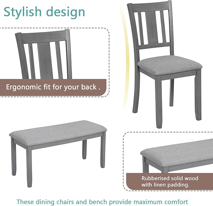 6-Piece Wooden Dining Table Set with 4 Upholstered Chairs and 1 Bench, Rectangular Kitchen Table Set for 6 People, Modern Dining Room Table for Kitchen and Dining, Gray