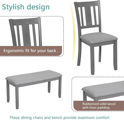 6-Piece Wooden Dining Table Set with 4 Upholstered Chairs and 1 Bench, Rectangular Kitchen Table Set for 6 People, Modern Dining Room Table for Kitchen and Dining, Gray