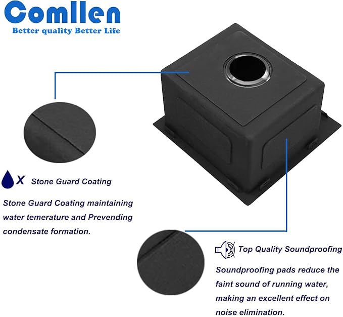 Comllen 15”x15” Black Drop In Bar Sink, Stainless Steel Small Kitchen Sink Single Bowl, Gunmetal Black Sinks for Outdoor Wet Bar Prep RV Yard Office Laundry Utility with Strainer Drain