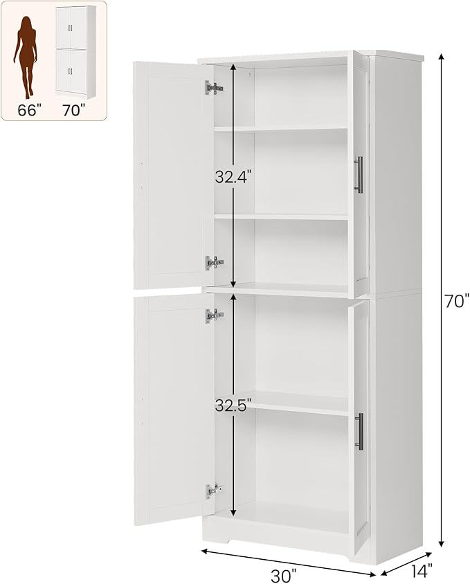 IDEALHOUSE Pantry Cabinet,70" Tall Kitchen Pantry Cabinet with 4 Doors and 3 Adjustable Shelves, Freestanding Cupboard, Modern Storage Cabinet for Bathroom, Dining Room, Living Room (White)