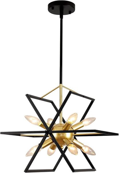 Farmhouse Chandelier,6-Lights Industrial Rustic Dining Room Pendant Light,Adjustable Hanging Candle Light Fixtures for Kitchen Island Living Room Foyer (Black/Gold-8 Lights)