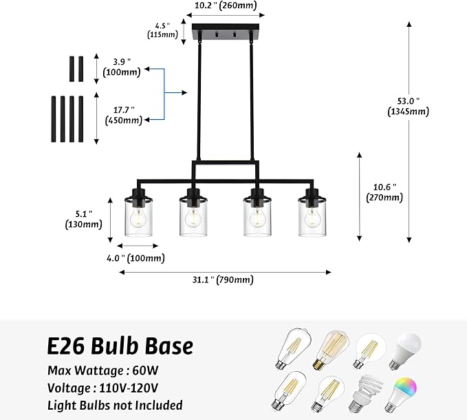 4-Light Dining Room Light Fixture, Linear Kitchen Island Lighting Black Chandelier Farmhouse Pendant Lighting for Kitchen Island Dining Table Living Room, Height Adjustable