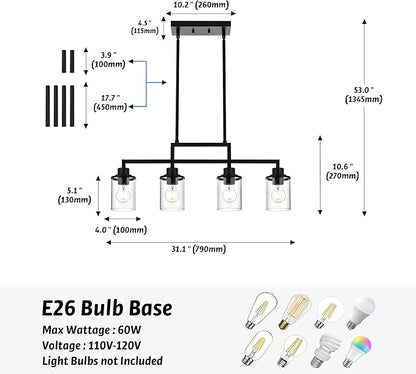 4-Light Dining Room Light Fixture, Linear Kitchen Island Lighting Black Chandelier Farmhouse Pendant Lighting for Kitchen Island Dining Table Living Room, Height Adjustable