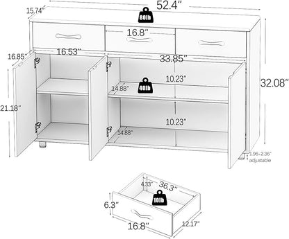 RASOO Buffet Kitchen Cabinet Storage Sideboard Cabinet Cupboard Sideboard Buffet Kitchen Room (White -3 Doors and 3 Drawers)