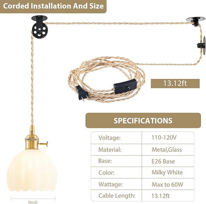 2 Pack Plug in Pendant Light Fixtures, Hanging Light Fixture Vintage Glass Pendant Light, Mini Milk White Tulip Hanging Lamp, Pendant Lighting for Kitchen Island, Bedroom, Dining Room, Living Room