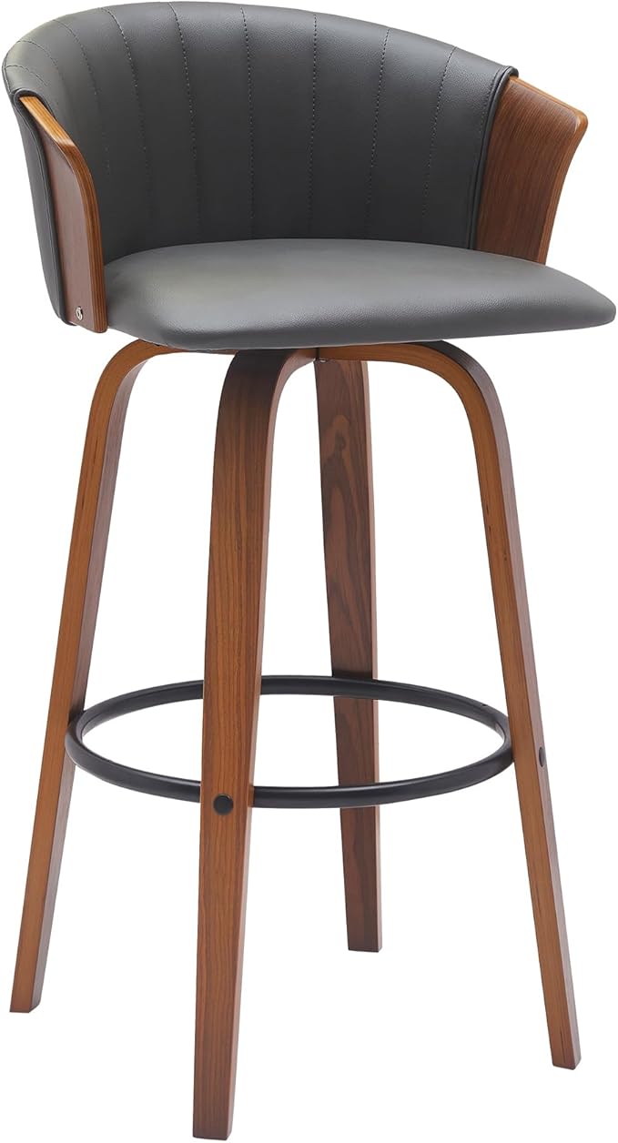 Armen Living Diana 30" Seat Height Mid Century Modern Swivel Walnut Wood Bar Stool for Kitchen Island Counter in Gray Faux Leather