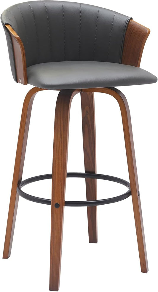 Armen Living Diana 30" Seat Height Mid Century Modern Swivel Walnut Wood Bar Stool for Kitchen Island Counter in Gray Faux Leather