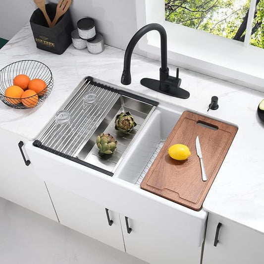 33 Inch Double Bowl White Farmhouse Sink Workstation-Bokaiya 33x20 Fireclay Apron Front White Porcelain Ceramic Reversible 50/50 Double Bowl Farm Sink with Accessories