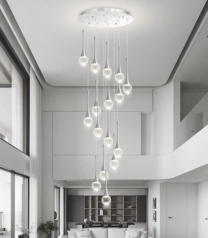 16 Light High Ceiling Crystal Chandelier Dimmable LED Pendant Lights with Remote Adjustable Chandeliers for Foyer Staircase Living Room Sivler