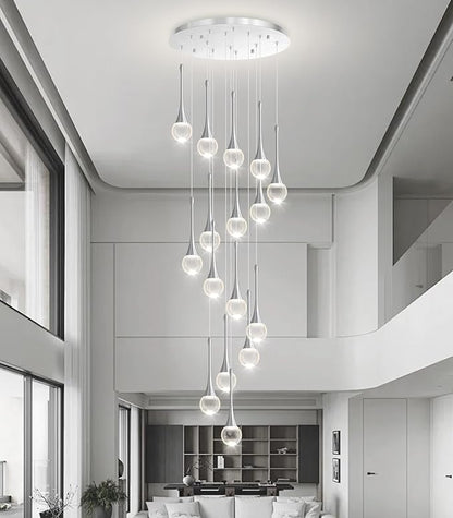 16 Light High Ceiling Crystal Chandelier Dimmable LED Pendant Lights with Remote Adjustable Chandeliers for Foyer Staircase Living Room Sivler