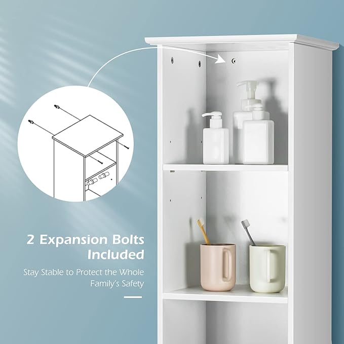 LOKO Bathroom Tall Cabinet, Modern Storage Cabinet with 2 Adjustable Shelves, Bathroom Linen Tower with 3 Open Shelves and 1 Drawer, 13.5 x 12 x 64.5, White