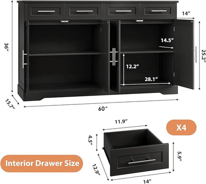 HOSTACK 60" Large Buffet Sideboard with Storage, 36" Tall Kitchen Buffet Storage Cabinet with 4 Drawer, Modern Coffee Bar Cabinet with Silver Handle, Long Sideboard Buffet Table for Living Room, Black