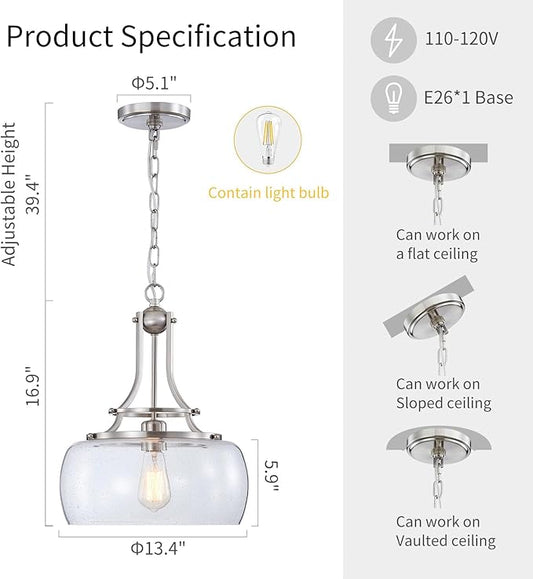 WUZUPS Chandelier Rustic Farmhouse Industrial Round Ceiling Pendant LED Light Fixture Clear Seeded Glass Shade for Dining Room Kitchen Island Foyer Entryway, H 17" x W 13.4", E26 Base, Brushed Nickel
