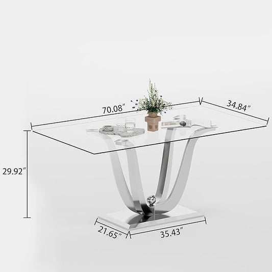 70" Glass Dining Table for 6-8, Modern Dining Room Table with 0.39" Tempered Glass Top and Dual U-Shaped Silver Stainless Steel Base, Rectangle Kitchen Dinner Table for Dining Room