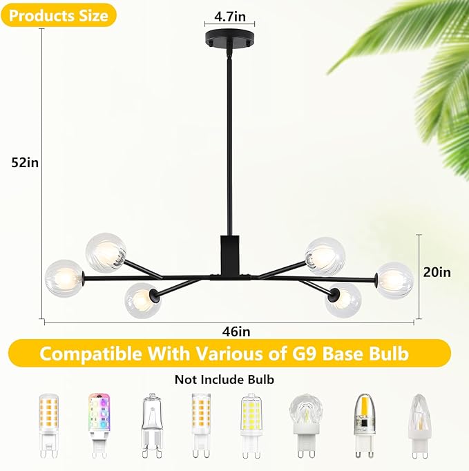 Modern Black Sputnik Island Light, 6-Light Glass Linear Chandelier for Dining Room, 46'' Ceiling Pendant Light Fixture with Globe Lampshade, Large Hanging Lamp Over Table, Bar, G9 Base