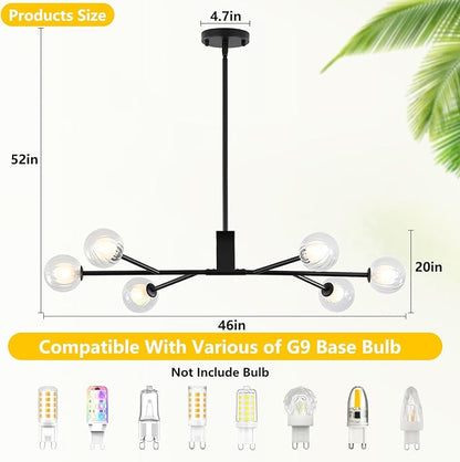 Modern Black Sputnik Island Light, 6-Light Glass Linear Chandelier for Dining Room, 46'' Ceiling Pendant Light Fixture with Globe Lampshade, Large Hanging Lamp Over Table, Bar, G9 Base