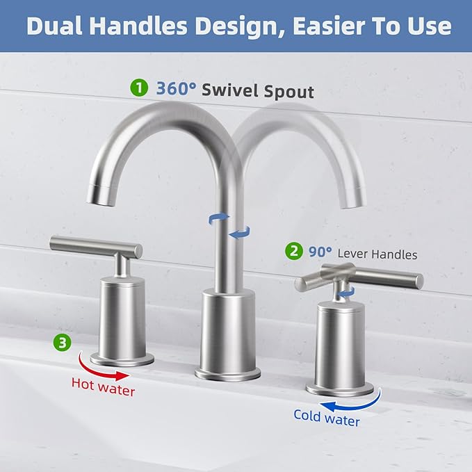 VXV Brushed Nickel Bathroom Faucet 3 Hole Widespread with Easy Installation, 2-Handle 8 Inch Bathroom Sink Faucet 360° Swivel Spout, Pre-Attached Hoses & Drain Included, Vanity Faucet for Bath Sink