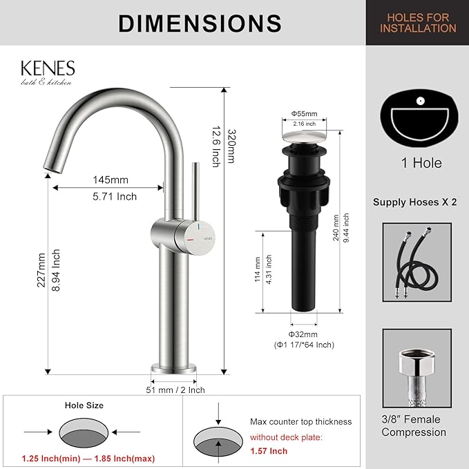 KENES Brushed Nickel Vessel Sink Faucet, Single Handle Tall Bathroom Faucet Single Hole, Modern Bathroom Vanity Faucet with Pop Up Drain and Supply Lines, KE-9005C