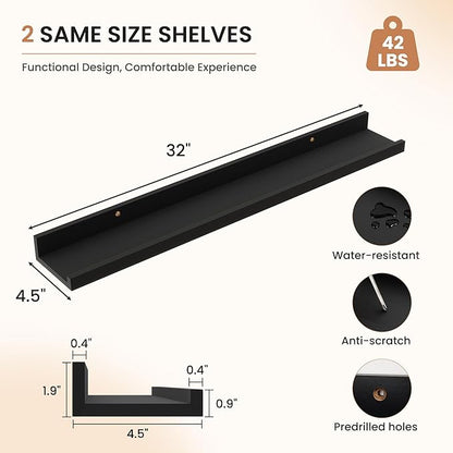 Dreamland Picture Ledge Shelf for Wall, Floating Shelves Set of 2, 32 Inch Long Floating Shelves with Lip for Living Room, Bedroom, Bathroom, Kitchen, Black