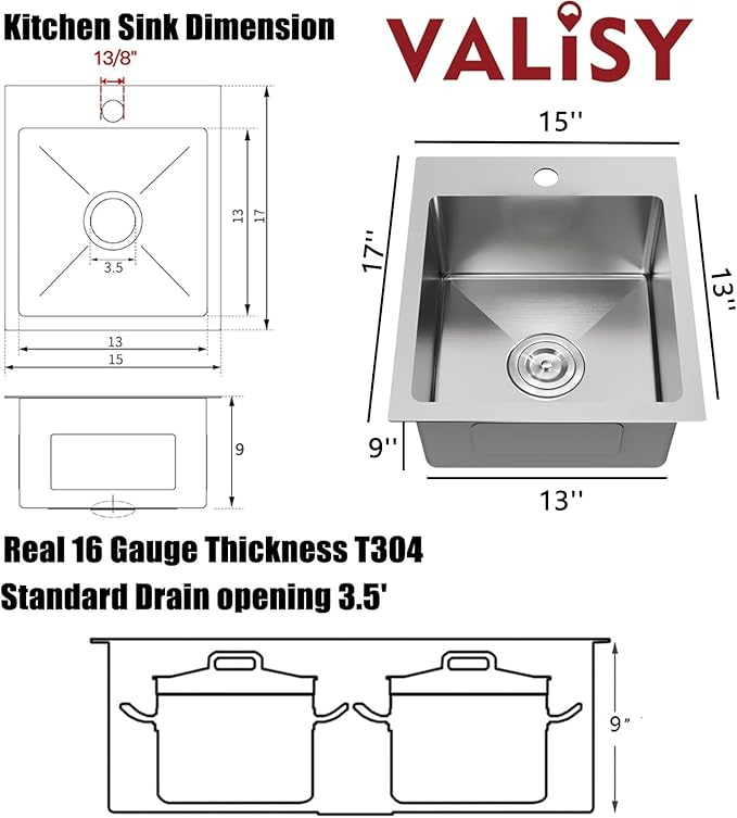 15x17 Inch Bar Sink Drop In, Topmount Kitchen Sink Stainless Steel Square Small Sinks, Single Bowl Kitchen Sinks for Laundry Wet Bar Prep RV Office Outdoor Yard with Grid & Drain