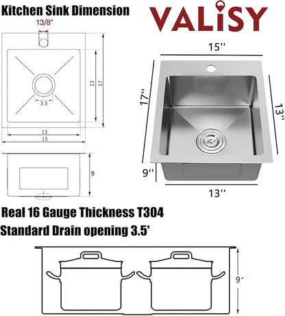 15x17 Inch Bar Sink Drop In, Topmount Kitchen Sink Stainless Steel Square Small Sinks, Single Bowl Kitchen Sinks for Laundry Wet Bar Prep RV Office Outdoor Yard with Grid & Drain
