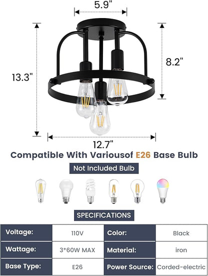 3 Light Industrial Ceiling Light Black Semi Flush Mount Lights Close to Ceiling Light Fixtures,cage Design Farmhouse Ceiling Lighting for Kitchen Bedroom Bathroom Foyer Hallway (E26, 1Pack)