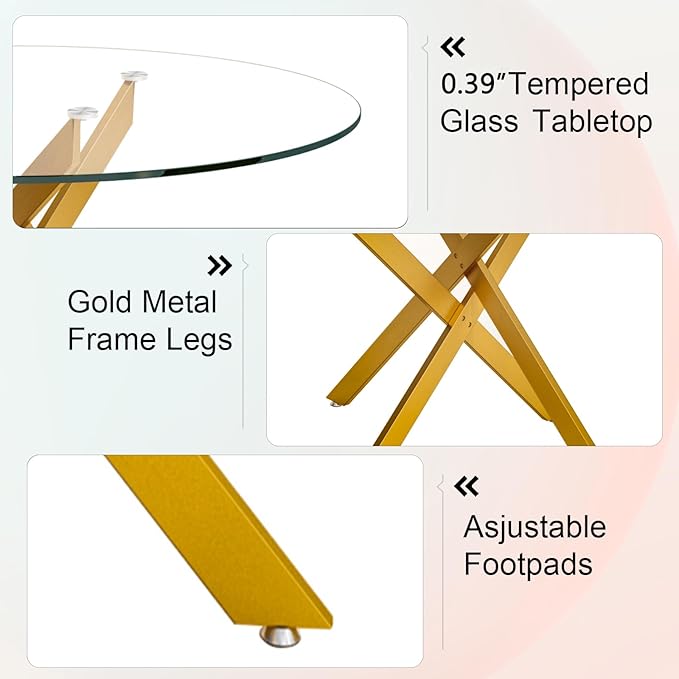 SSLine 47.25'' Round Glass Dining Table,Modern Kitchen Table for 2-6 People,Dining Room Table with Tempered Glass Top and Metal Legs,Leisure Tea Coffee Table for Living Room,Dining Room