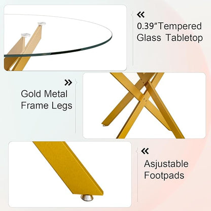 SSLine 47.25'' Round Glass Dining Table,Modern Kitchen Table for 2-6 People,Dining Room Table with Tempered Glass Top and Metal Legs,Leisure Tea Coffee Table for Living Room,Dining Room