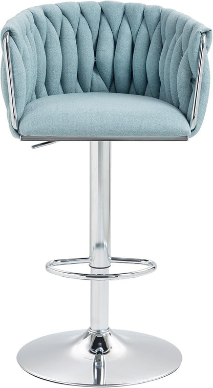 360° Fabric Cover Swivel Bar Stools Set of 2, Adjustable Counter Height Bar Chairs with Woven Back Footrest, Silver Chromed Bar Stools for Kitchen Island, Cafe, Pub (Blue) YD973