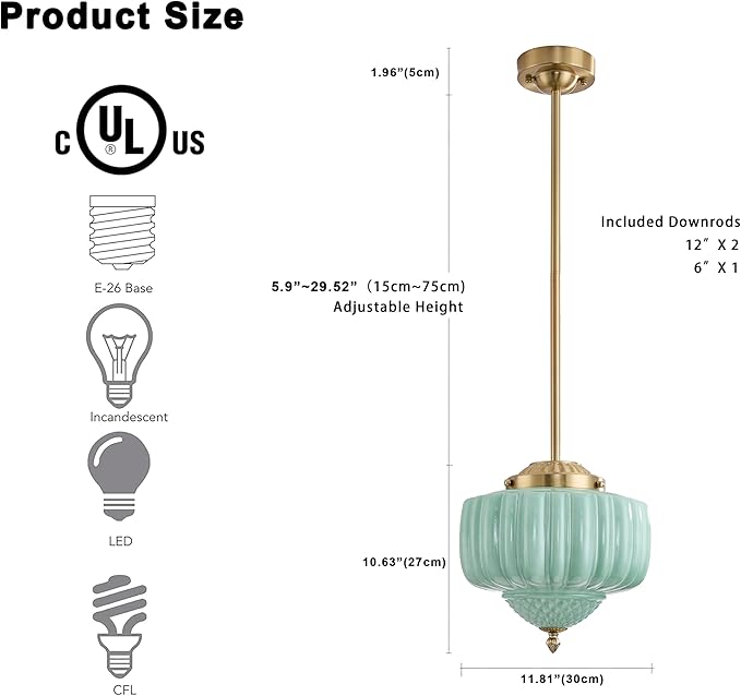 Schoolhouse Pendant Light, 12" Brass Gold Schoolhouse Ceiling Light Fixture with Mint Green Milk Glass Shade, Adjustable Height, Mid Century Modern Pendant Lighting for Kitchen Island Dining Room