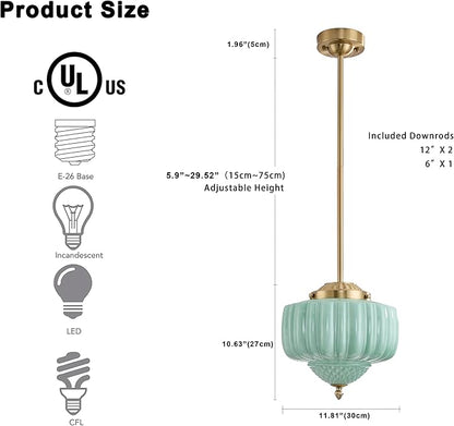 Schoolhouse Pendant Light, 12" Brass Gold Schoolhouse Ceiling Light Fixture with Mint Green Milk Glass Shade, Adjustable Height, Mid Century Modern Pendant Lighting for Kitchen Island Dining Room