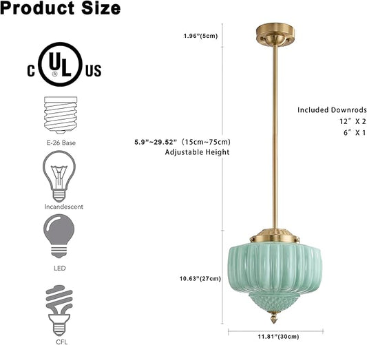 Schoolhouse Pendant Light, 12" Brass Gold Schoolhouse Ceiling Light Fixture with Mint Green Milk Glass Shade, Adjustable Height, Mid Century Modern Pendant Lighting for Kitchen Island Dining Room