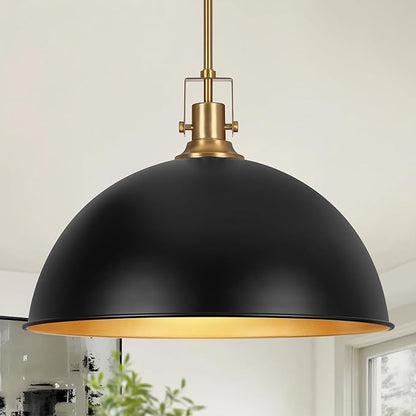LamQee 18 Inch Black and Gold Large Pendant Light Kitchen Island, Farmhouse Modern Dome Pendant Light Fixtures Ceiling Hanging Lighting Chandelier for Dining Room Over Table, Bar, Hallway, Entryway