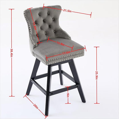 DONICK Velvet Swivel Counter Height Bar Stools,Modern Upholstered Bar Chairs Nailhead Backrest Pull Ring Solid Wood for Bar,Kitchen Island,Pub,Dining Room,Cafe(Black,Set of 2)