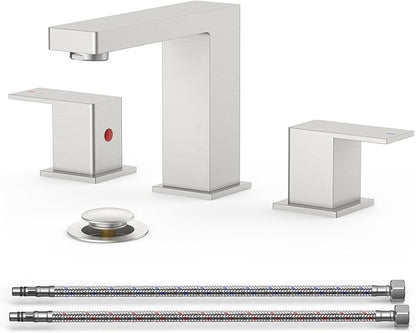 QFN Lead-Free Brushed Nickel Bathroom Faucet 3 Hole, Square Bathroom Sink Faucet 8 Inch Widespread, 2 Handle for 4"-12" Vanity Sink with Metal Pop Up Drain and 24" cUPC Supply Hoses