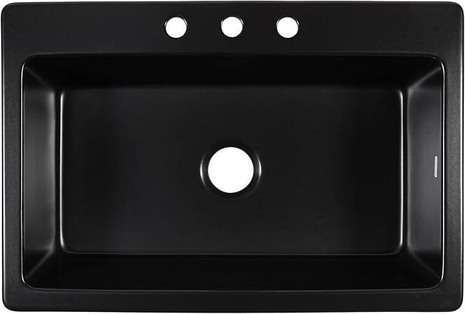 Sinkology Jackson 33 Inch Black Fireclay Drop-In Kitchen Sink, Single Bowl, 3 Faucet Holes, Fits 36 Inch Cabinet, Surefire Finish