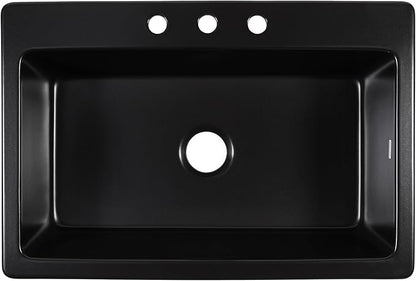 Sinkology Jackson 33 Inch Black Fireclay Drop-In Kitchen Sink, Single Bowl, 3 Faucet Holes, Fits 36 Inch Cabinet, Surefire Finish