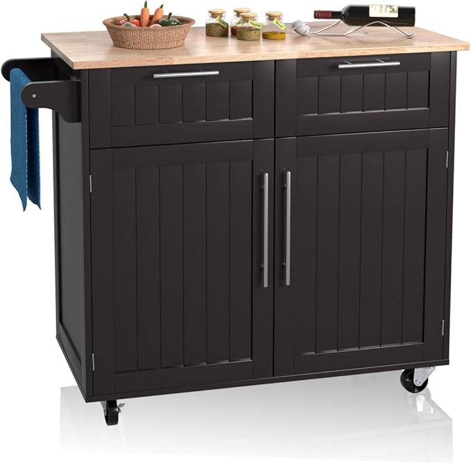 Giantex Kitchen Island Cart, Rolling Island Table with Rubber Wood Tabletop, 2 Drawers, Storage Cabinet & Towel Rack, Bar Kitchen Cart On Wheels for Dining Room (Brown)