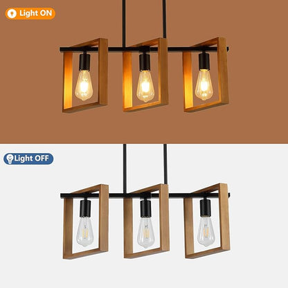 9MMML 3 Lights Kitchen Island Lighting, Black 3 Lights Dining Room Chandelier,Wood Frame Pendant Light for Living Room Foyer Entryway Hallway,E26