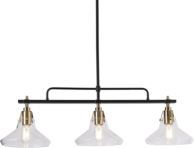 KSANA Dining Room Chandelier, Black and Gold Linear Chandelier Pool Table Light 3 Light Kitchen Island Lights with Seeded Glass for Dining Room, Kitchen Living Room