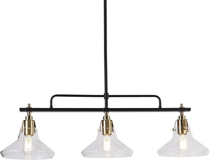 KSANA Dining Room Chandelier, Black and Gold Linear Chandelier Pool Table Light 3 Light Kitchen Island Lights with Seeded Glass for Dining Room, Kitchen Living Room